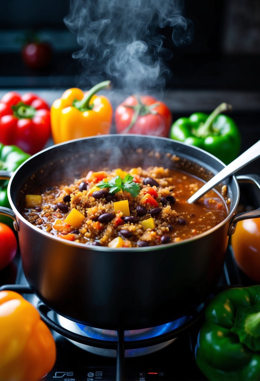 A steaming pot of quinoa and black bean chili simmering on a stovetop, surrounded by colorful bell peppers, tomatoes, and fragrant spices