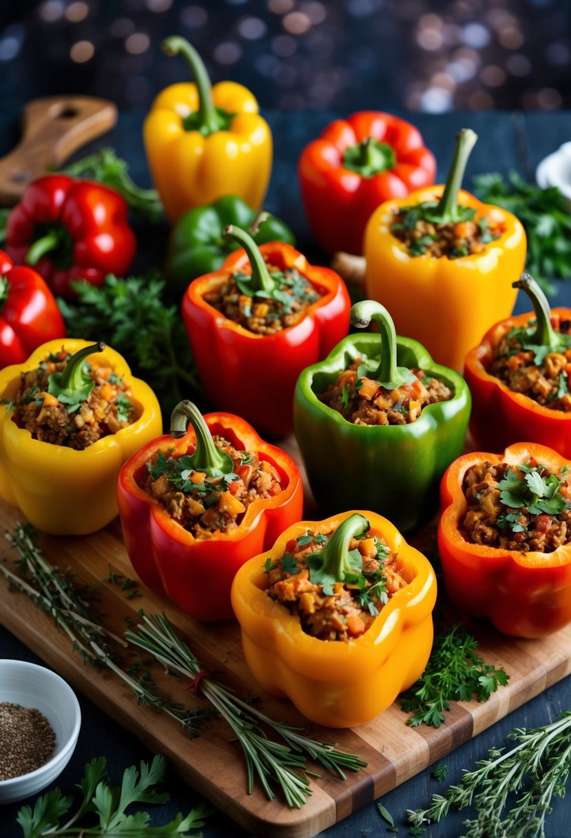 A colorful array of bell peppers stuffed with a savory mixture, surrounded by fresh herbs and spices on a wooden cutting board