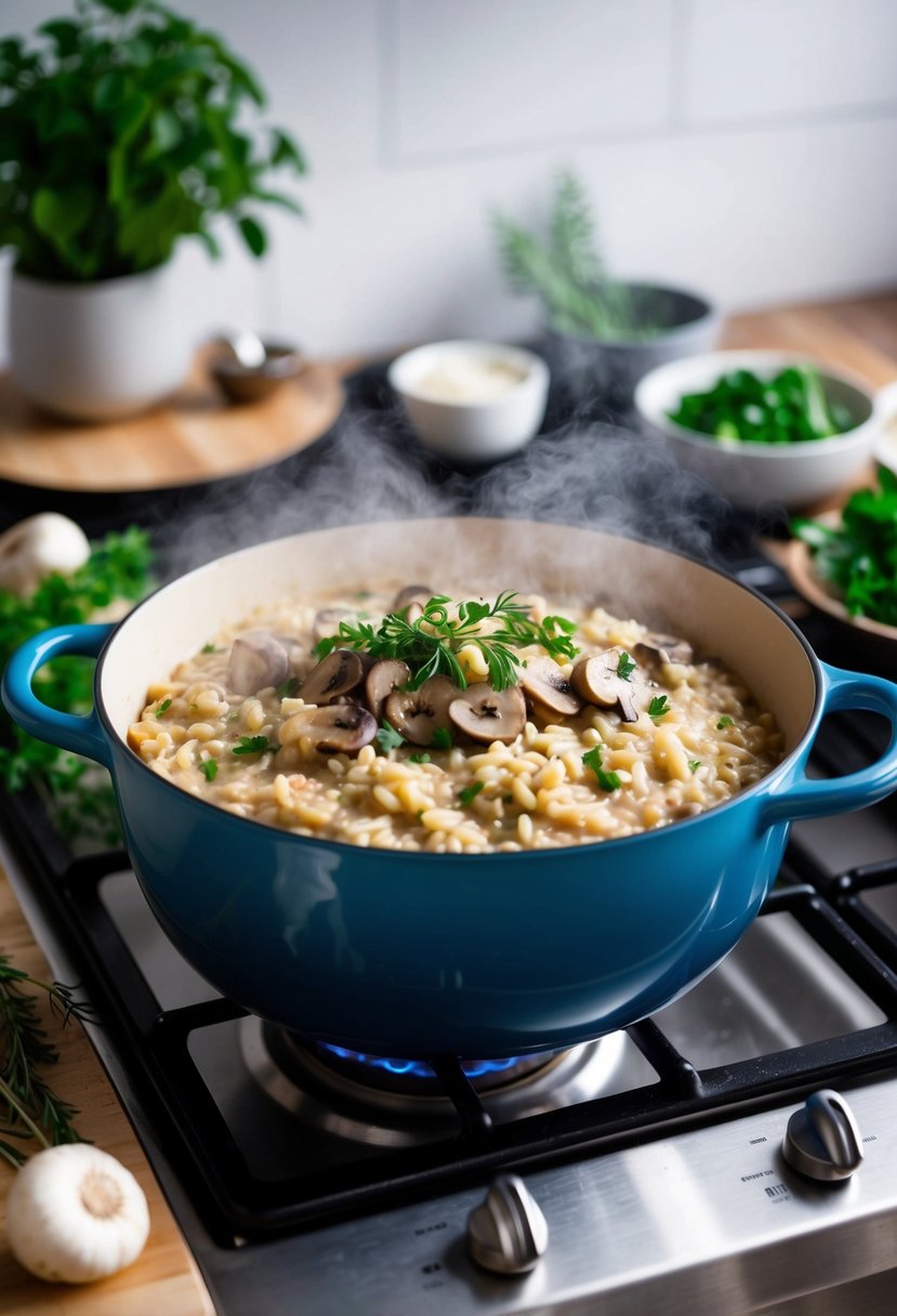 A steaming pot of creamy mushroom risotto simmering on a stovetop, surrounded by fresh herbs and ingredients