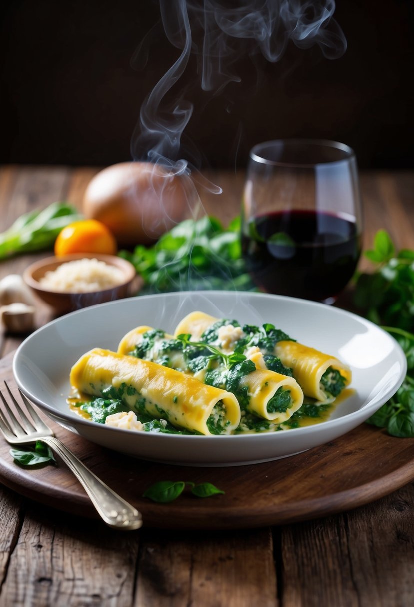 A steaming dish of spinach and ricotta cannelloni sits on a rustic wooden table, surrounded by fresh ingredients and a glass of red wine