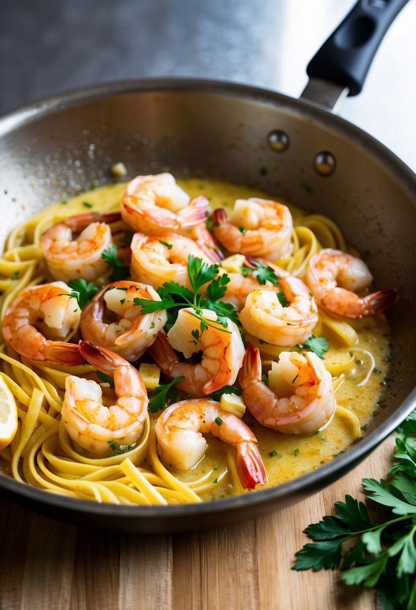 A sizzling skillet of shrimp scampi with garlic, butter, and lemon, garnished with fresh parsley and served with a side of linguine