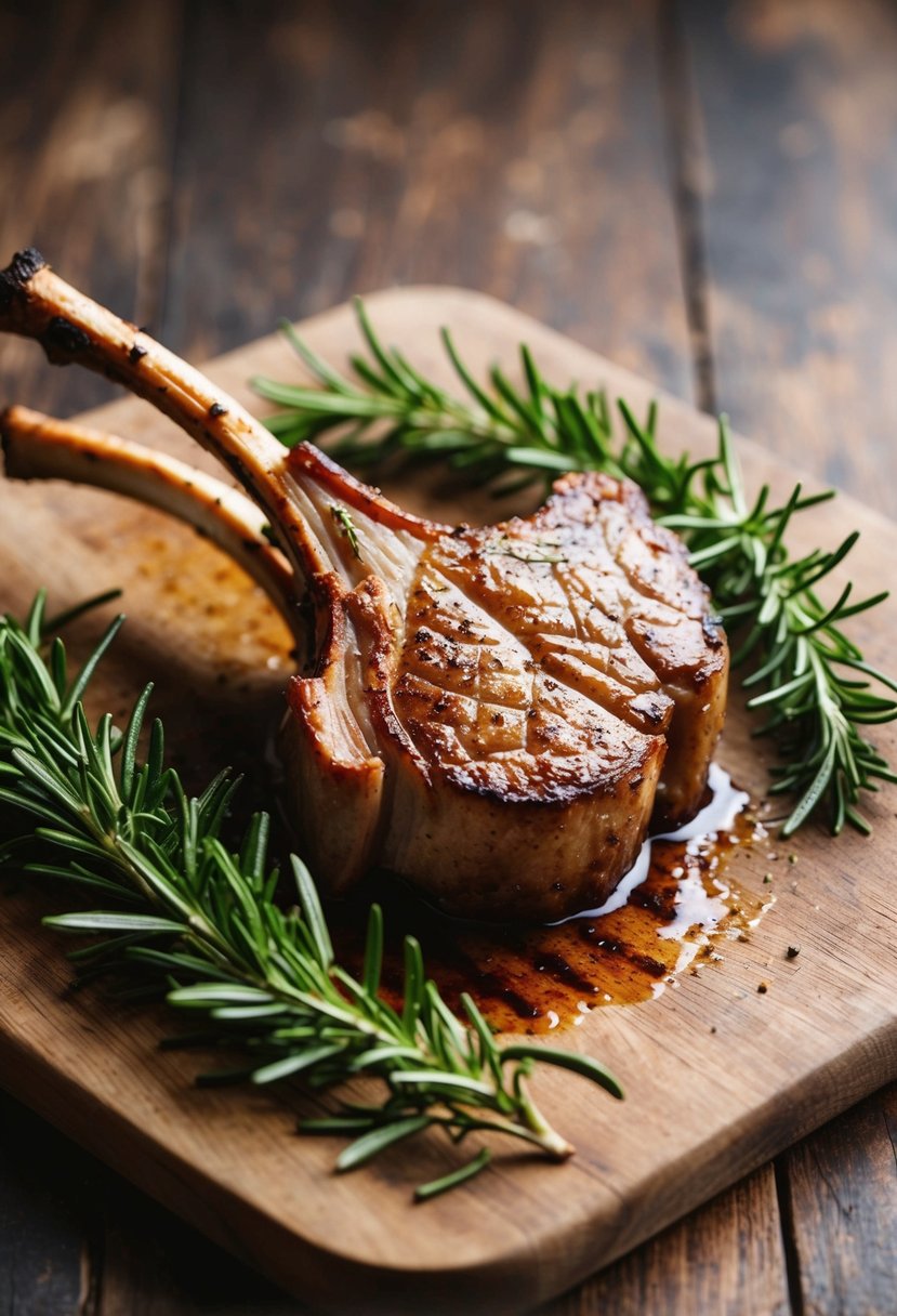 A sizzling lamb chop surrounded by sprigs of fresh rosemary on a rustic wooden cutting board