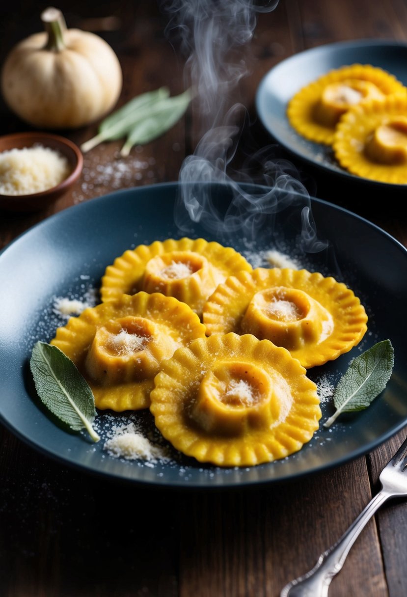 A steaming plate of butternut squash ravioli garnished with sage leaves and grated parmesan cheese