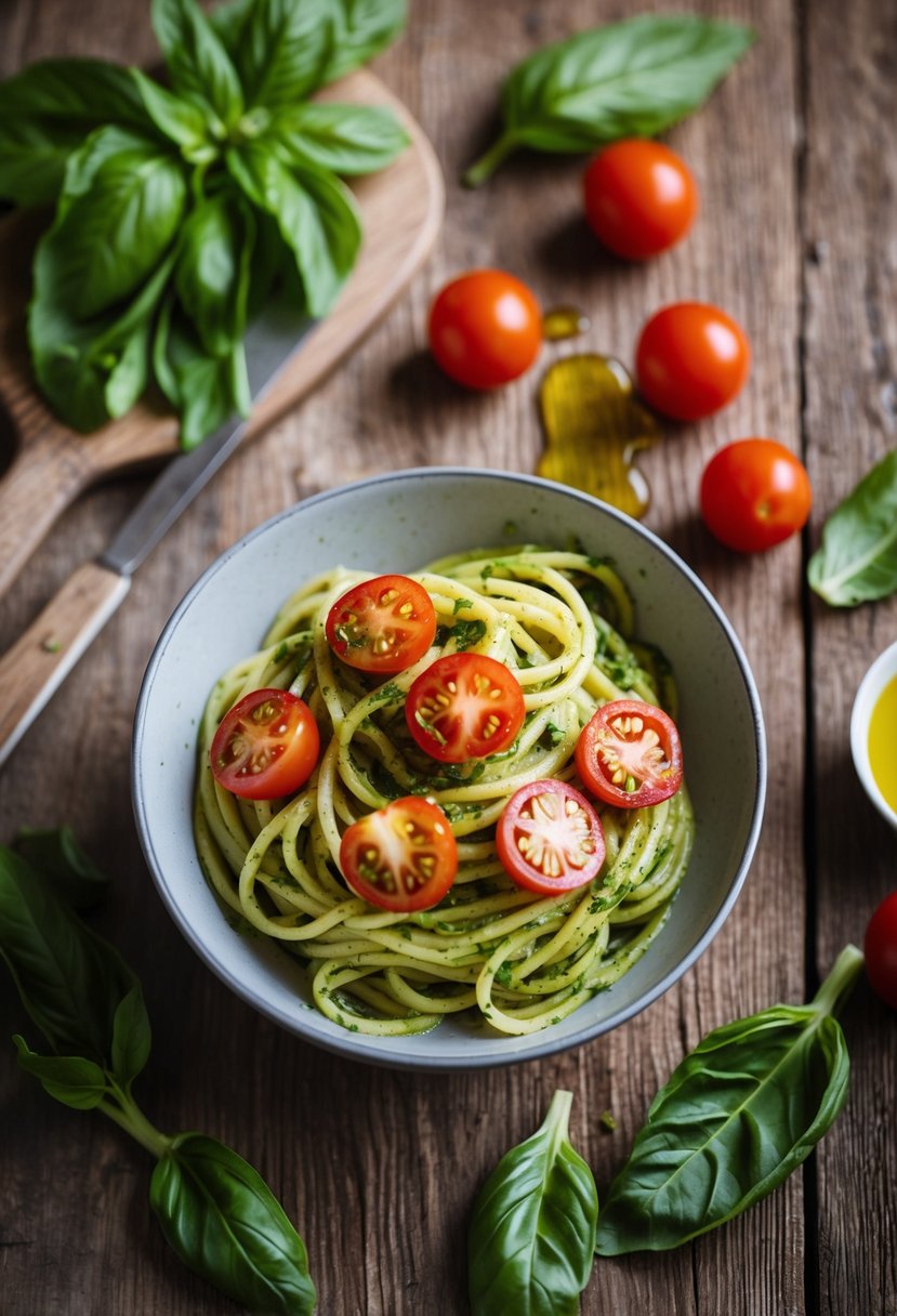 A bowl of pesto pasta topped with halved cherry tomatoes sits on a rustic wooden table, surrounded by fresh basil leaves and a drizzle of olive oil