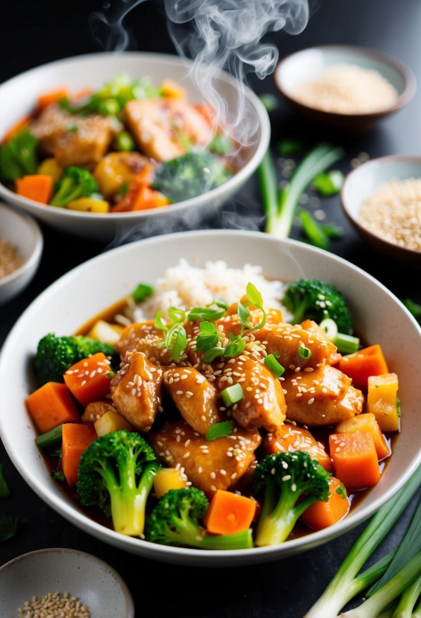 A steaming teriyaki chicken bowl surrounded by colorful vegetables and garnished with sesame seeds and green onions