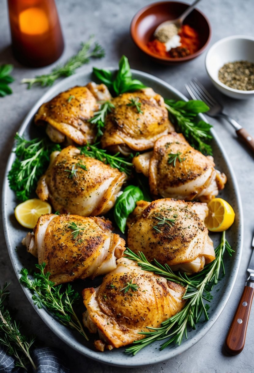 A platter of seasoned chicken thighs, arranged with fresh herbs and spices