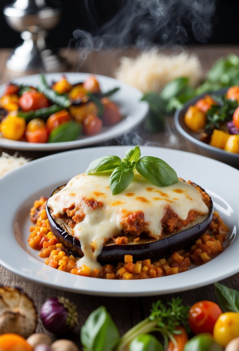 A steaming hot plate of eggplant parmesan topped with melted cheese and fresh basil, surrounded by a colorful array of roasted vegetables