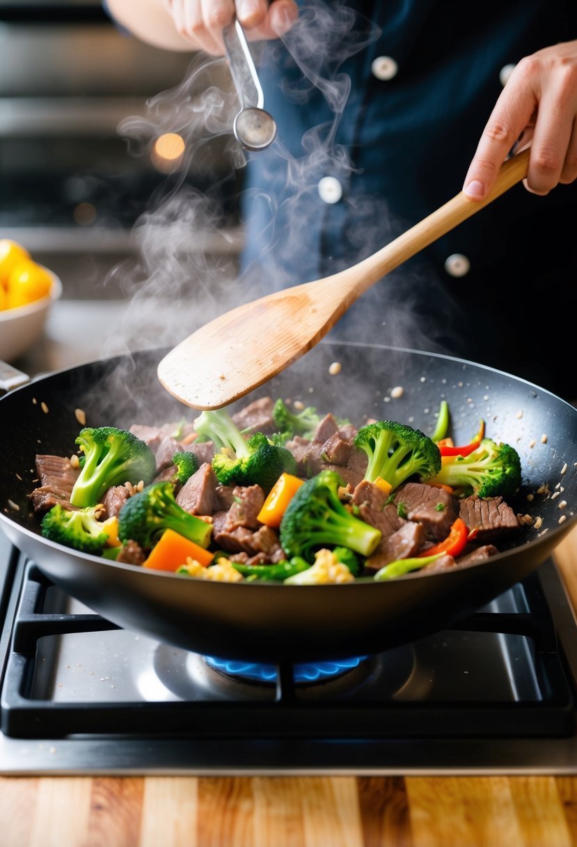 A sizzling wok filled with beef, broccoli, and colorful vegetables, steam rising as the chef tosses the ingredients with a wooden spatula