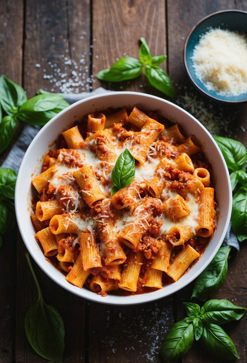 A steaming dish of baked ziti sits on a rustic wooden table, surrounded by fresh basil leaves and a sprinkle of parmesan cheese