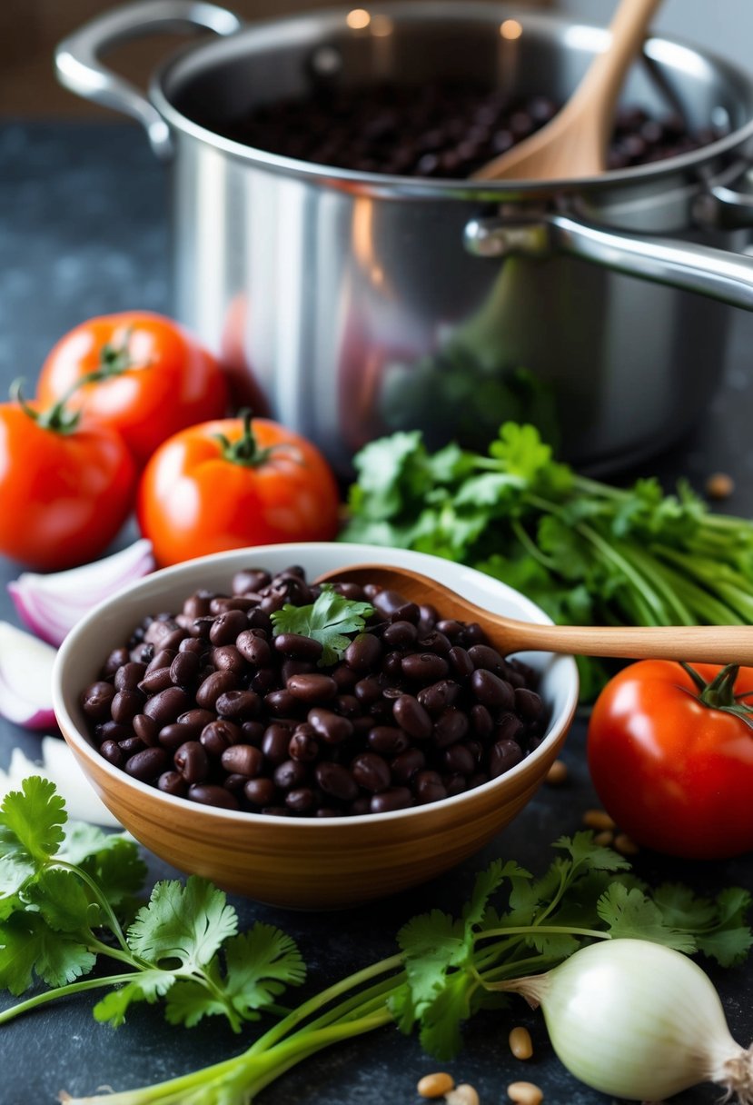 A bowl of black beans surrounded by ingredients like tomatoes, onions, and cilantro, with a pot on the stove and a wooden spoon