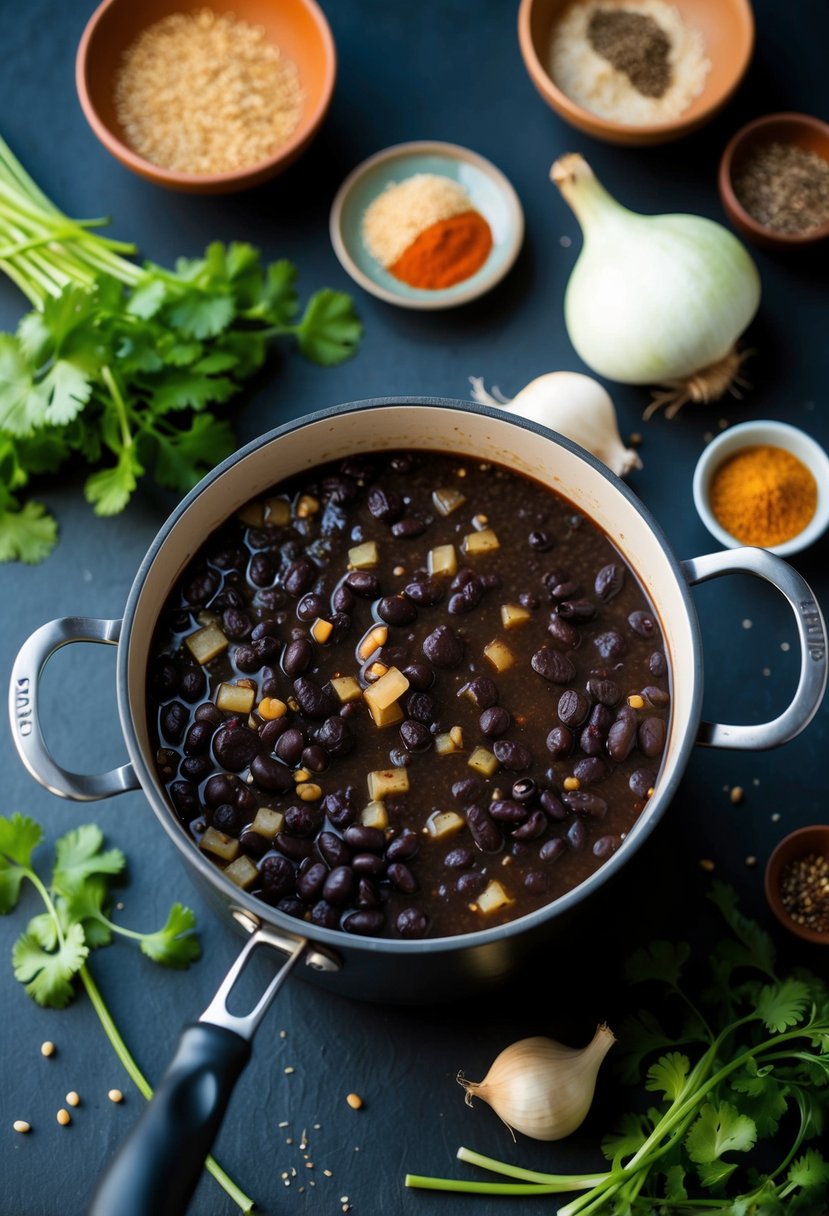 A pot of simmering black beans with cumin, garlic, and onion, surrounded by colorful spices and fresh cilantro