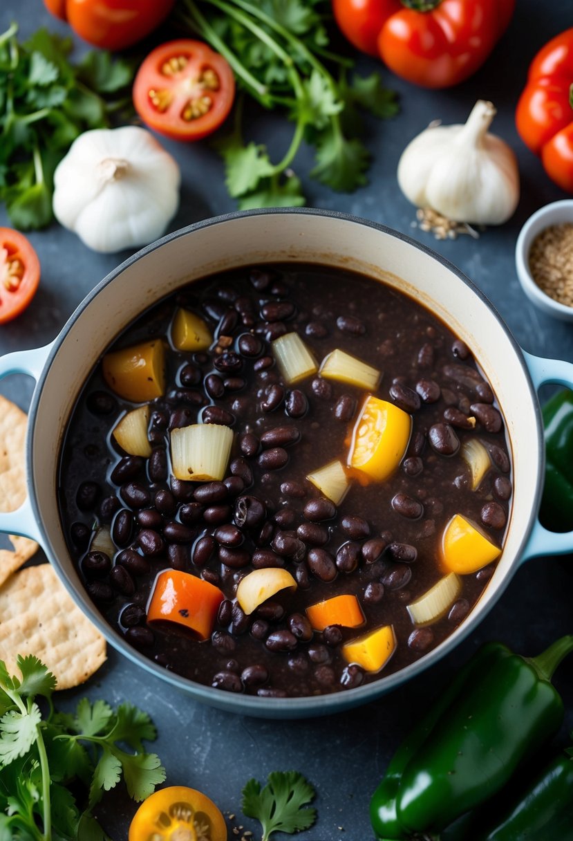 A pot of simmering black beans with onions, bell peppers, and garlic, surrounded by ingredients like tomatoes, cilantro, and cumin