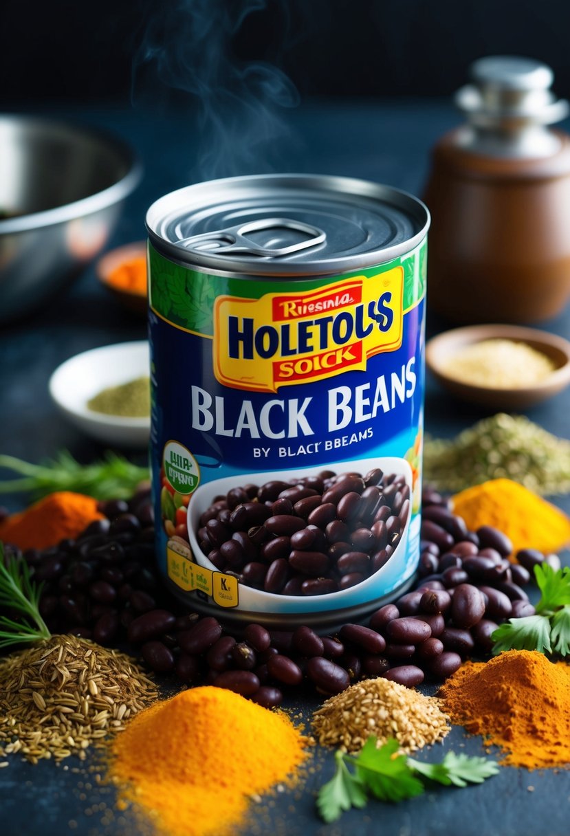 A can of black beans surrounded by vibrant, aromatic spices and herbs, ready to be cooked into a quick and flavorful dish