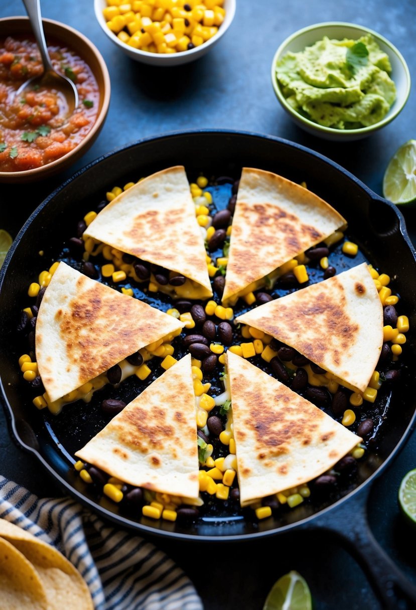 A sizzling skillet with golden-brown quesadillas filled with black beans, corn, and melted cheese, surrounded by vibrant salsa and creamy guacamole