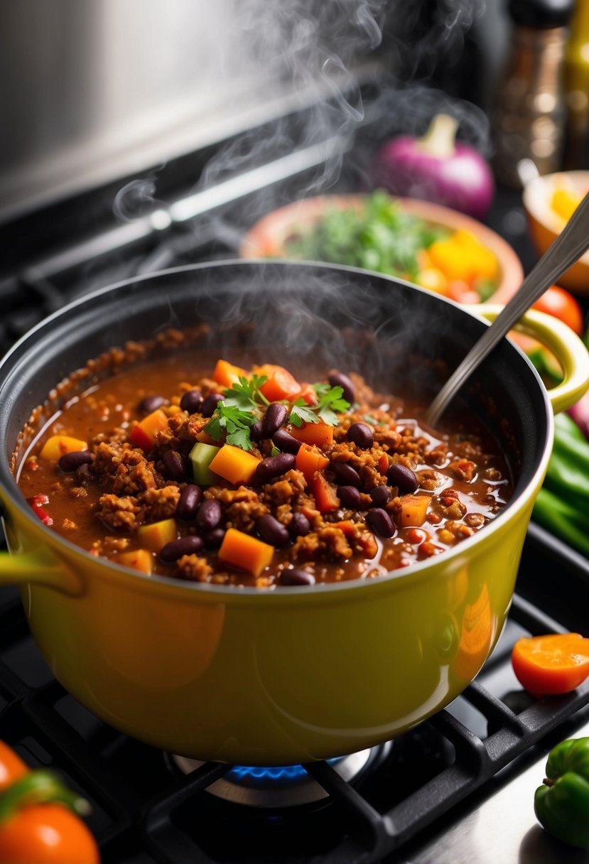 A steaming pot of black bean chili with veggie meat simmering on a stovetop, surrounded by colorful vegetables and spices