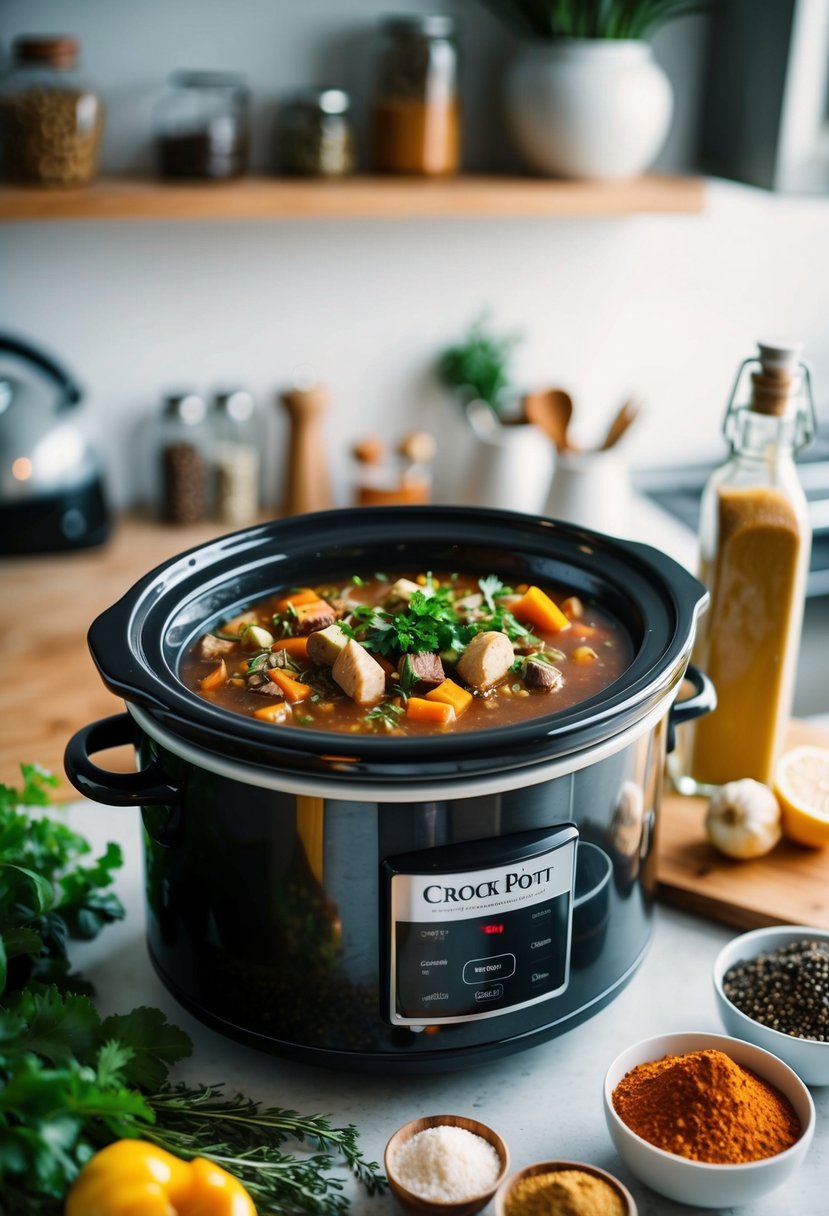 A crock pot surrounded by fresh ingredients and spices on a kitchen counter