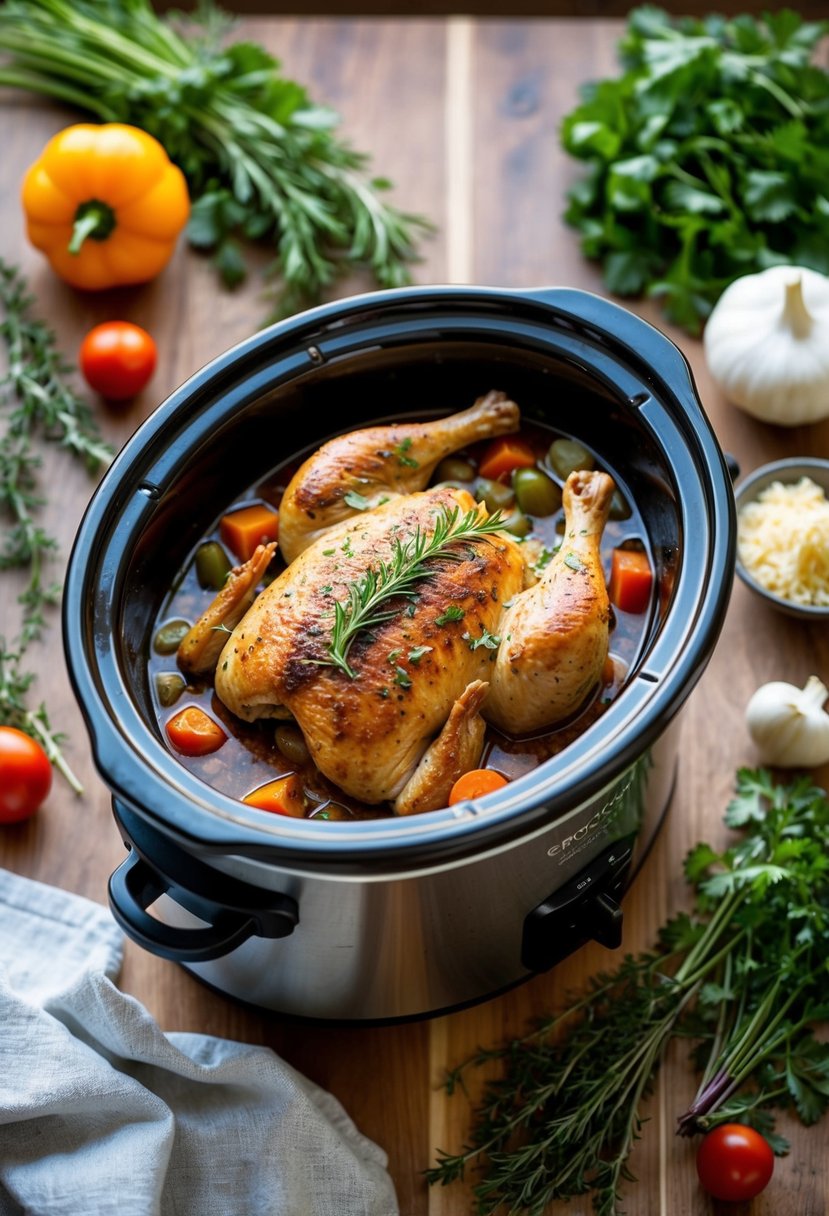 A crockpot filled with Tuscan Chicken surrounded by fresh herbs and vegetables