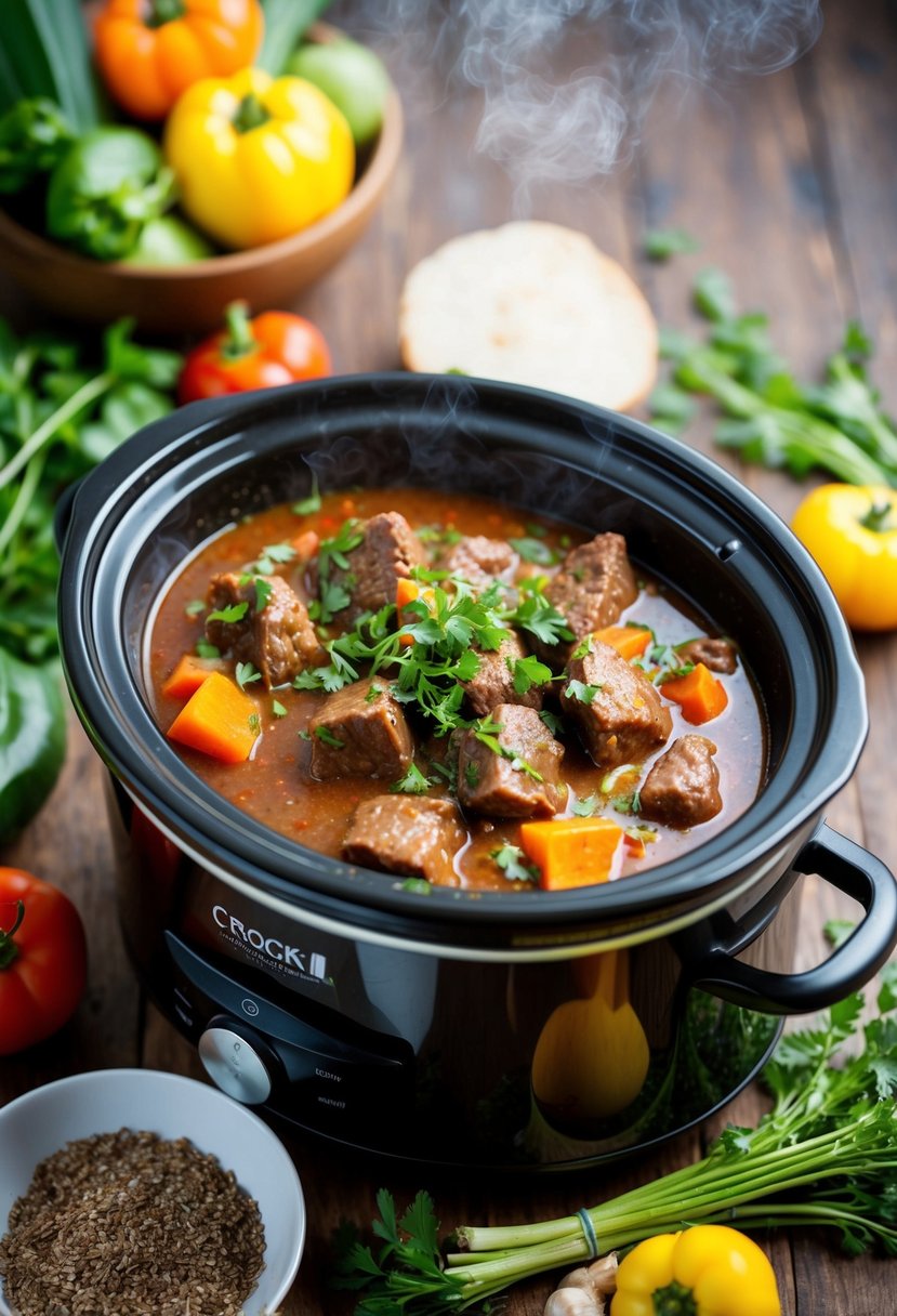 A steaming crock pot filled with hearty beef stew, surrounded by fresh vegetables and herbs