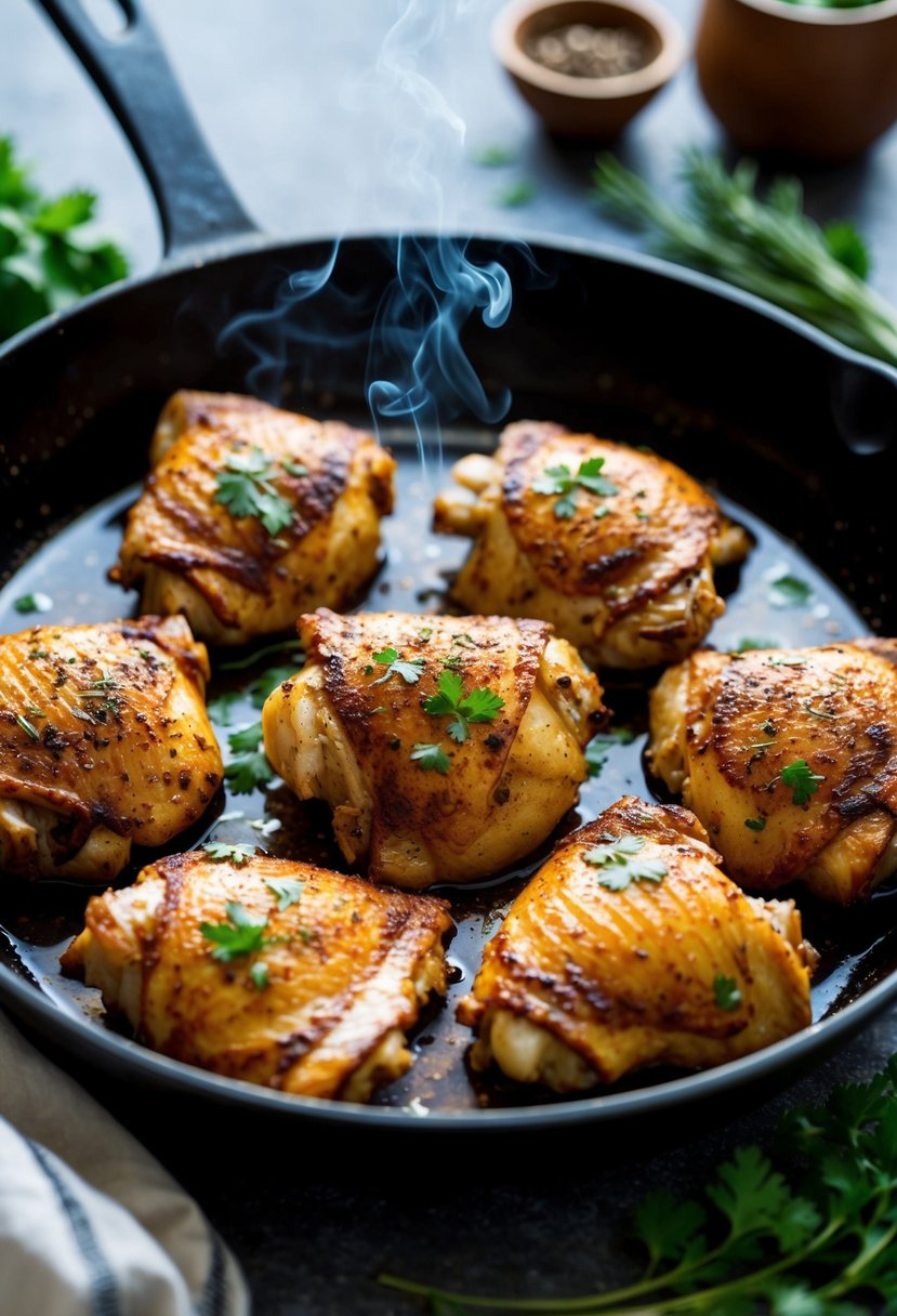 A sizzling skillet of chipotle-marinated chicken thighs, emitting a smoky aroma, surrounded by fresh herbs and spices