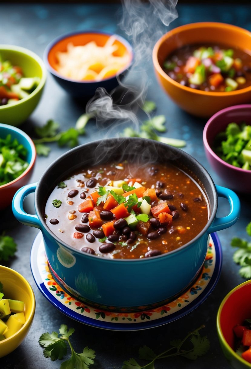 A steaming pot of black bean and salsa soup surrounded by colorful bowls and fresh ingredients