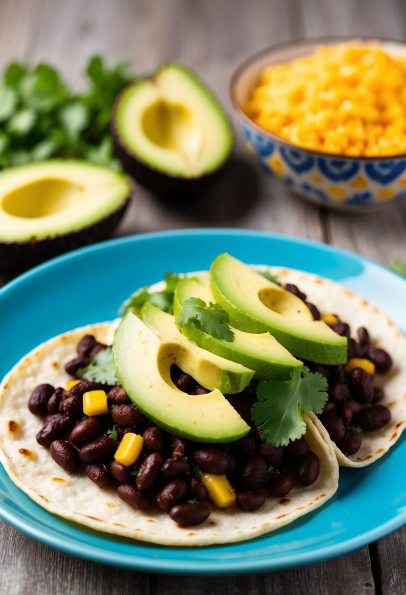 A colorful plate of black bean tacos topped with sliced avocado and garnished with fresh cilantro