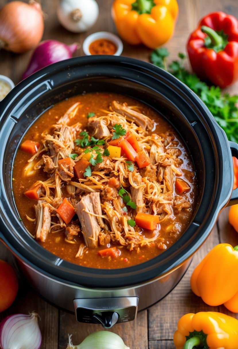 A crock pot filled with tender pulled pork in a sweet and spicy sauce, surrounded by colorful ingredients like onions, peppers, and spices