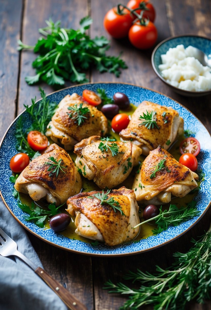 A colorful plate of Mediterranean-style chicken thighs surrounded by fresh herbs, olives, and tomatoes on a rustic wooden table