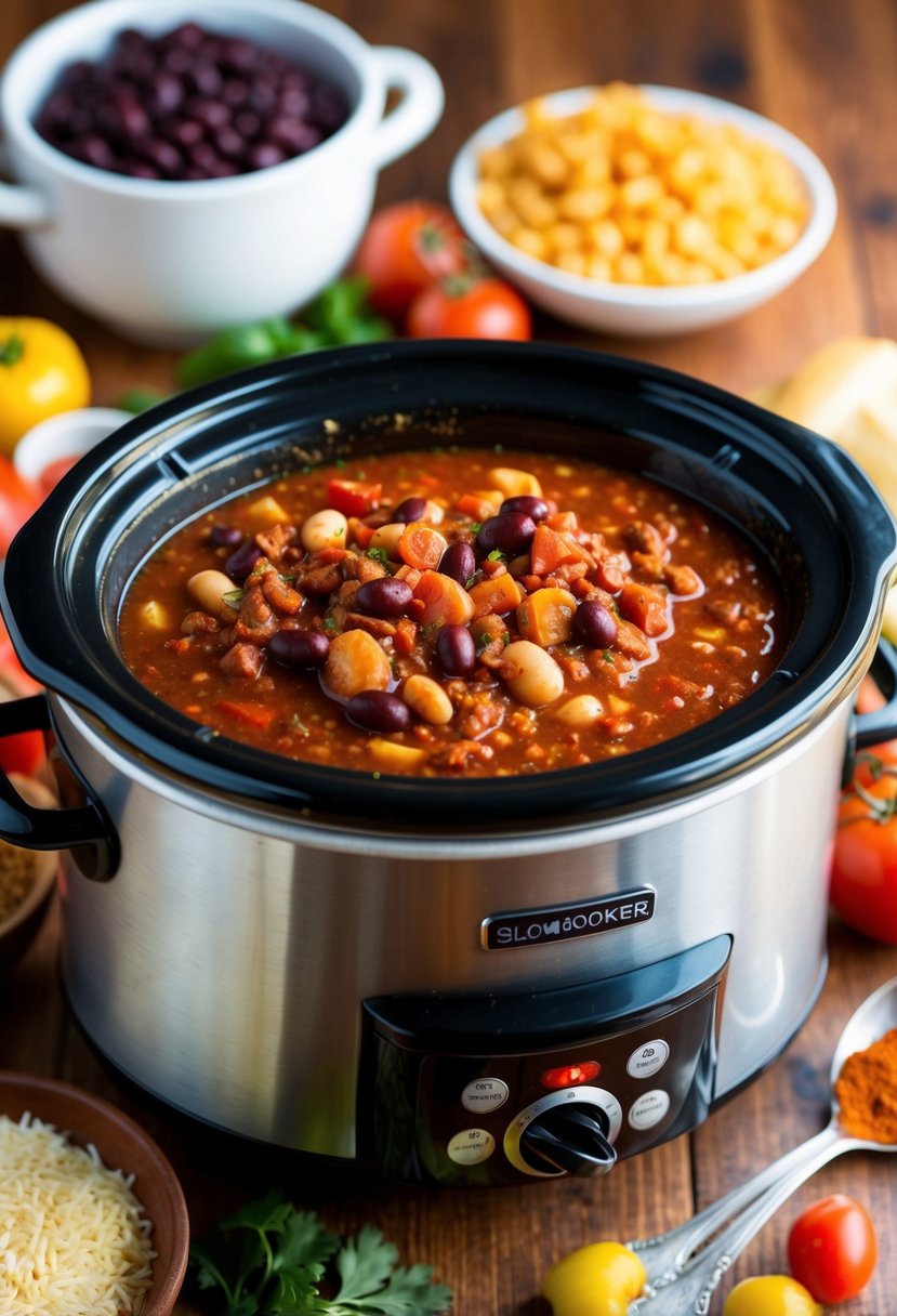 A bubbling slow cooker filled with hearty chili, surrounded by colorful ingredients like beans, tomatoes, and spices