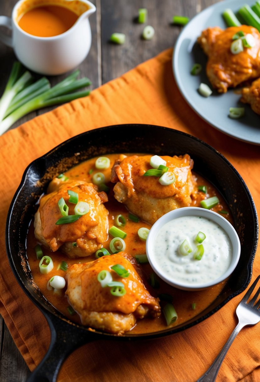 A sizzling skillet of buffalo chicken thighs, coated in spicy sauce, garnished with green onions and served with a side of ranch dressing