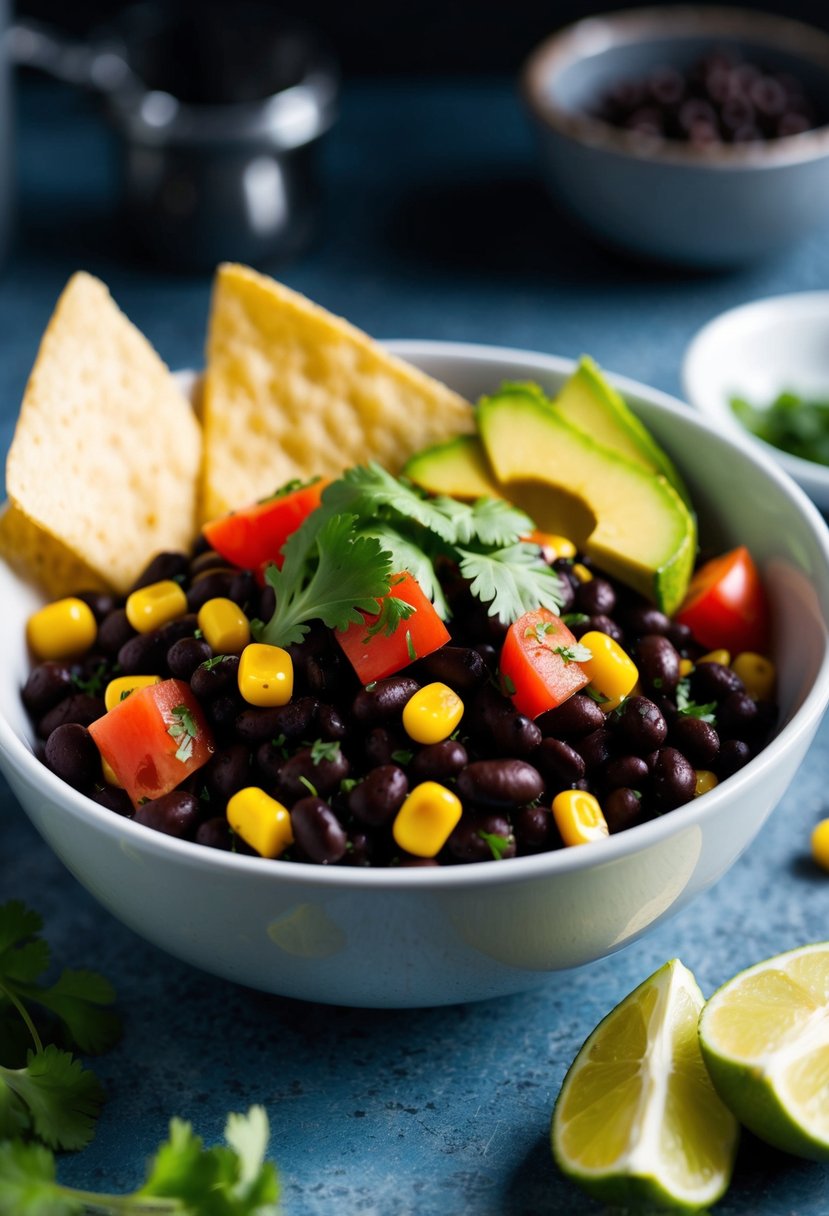 A bowl of cowboy caviar with black beans, corn, tomatoes, and avocado, garnished with cilantro and served with tortilla chips