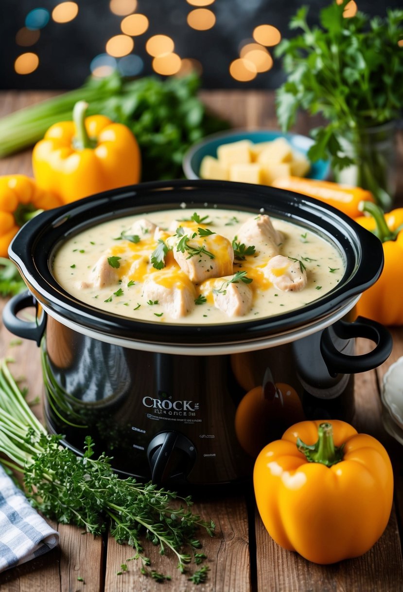 A crock pot filled with creamy chicken and cheese, surrounded by fresh herbs and vegetables