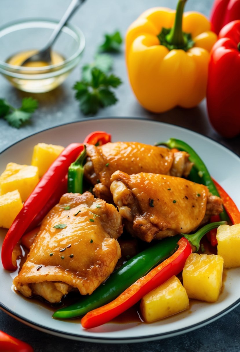 A plate of sweet and sour chicken thighs with colorful bell peppers and pineapple chunks