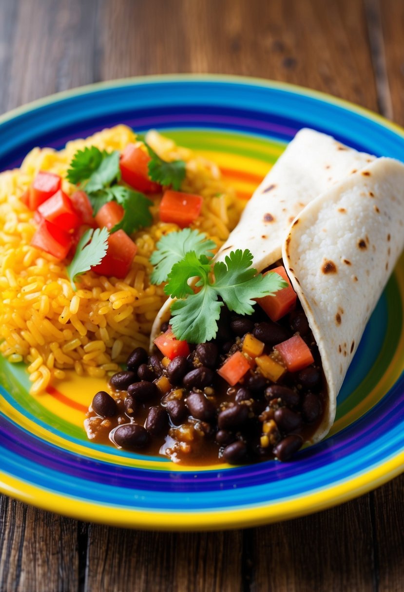 A colorful plate with a black bean burrito alongside a serving of rice, garnished with fresh cilantro and diced tomatoes