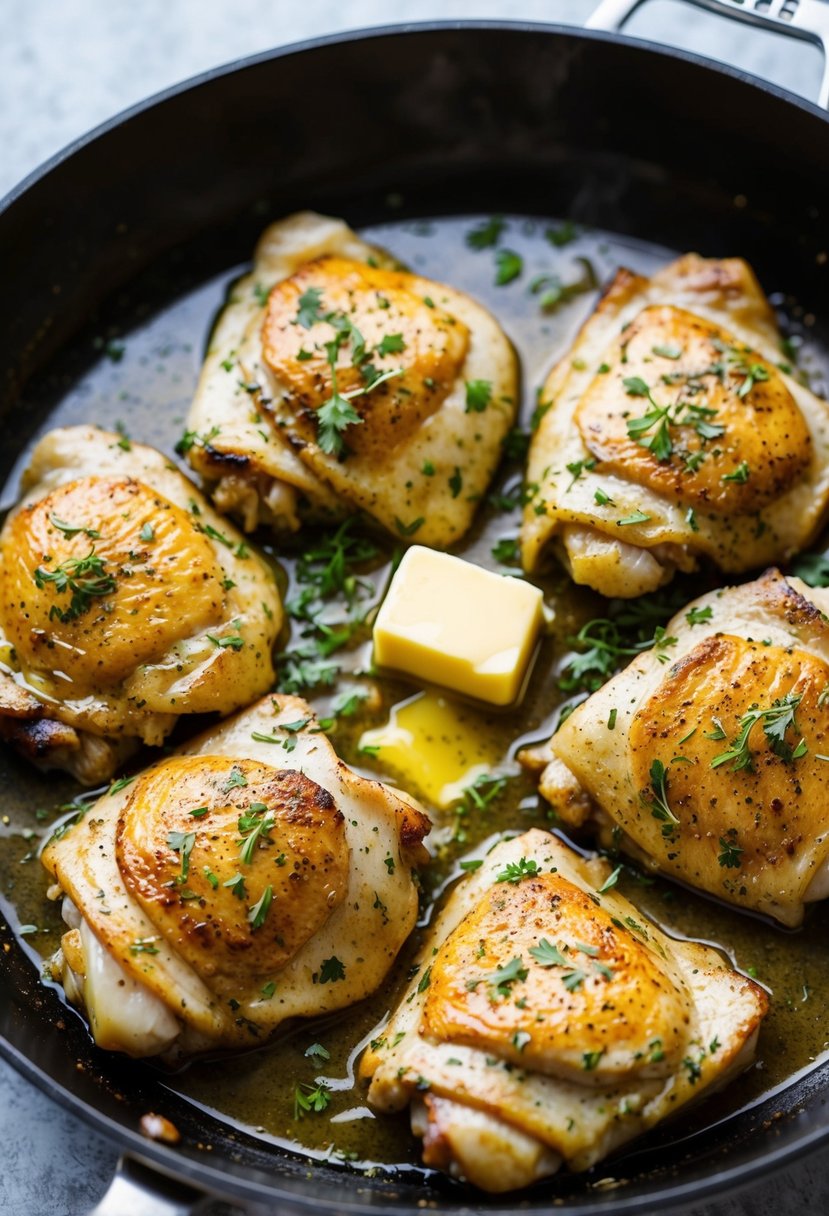 Chicken thighs browning in a skillet with herbs and butter, simmering in a savory sauce