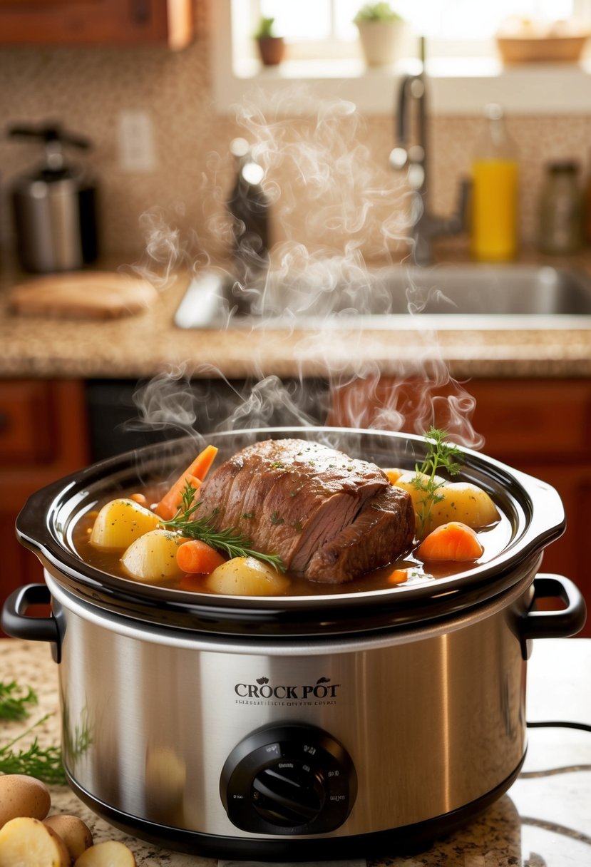 A bubbling crock pot sits on a kitchen counter, filled with tender pot roast, carrots, and potatoes, surrounded by the comforting aroma of slow-cooked herbs and spices