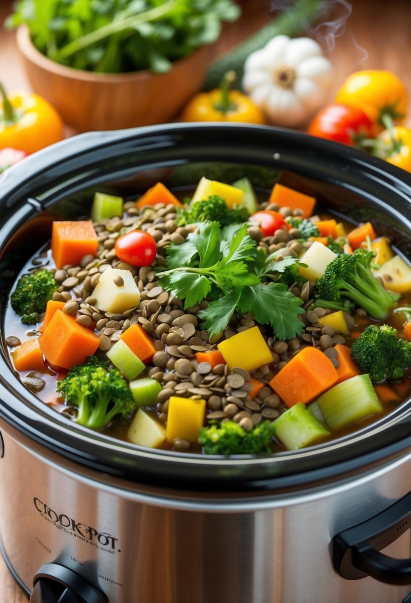 A colorful array of fresh vegetables and lentils simmering in a crock pot, filling the air with a rich and savory aroma