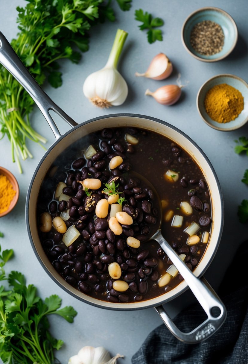 A pot of simmering black beans with garlic and onions, surrounded by fresh herbs and spices