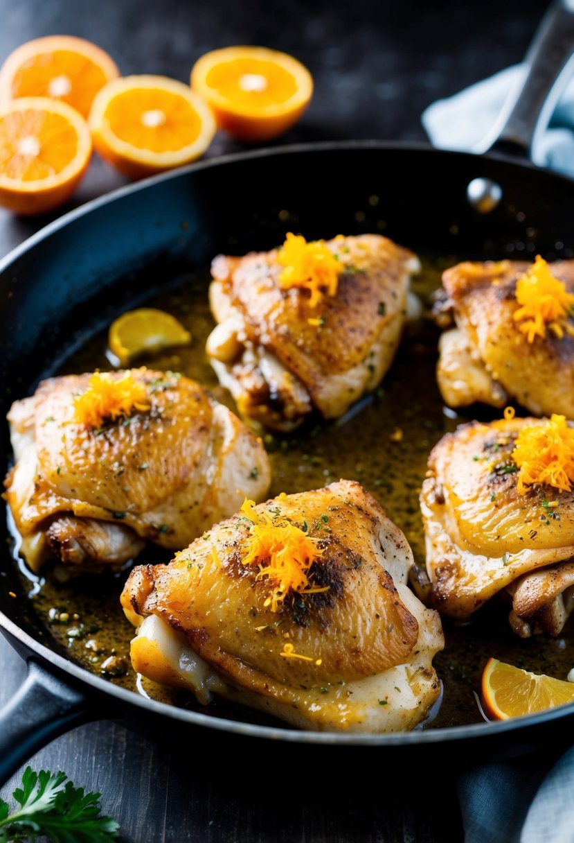 A sizzling skillet of chicken thighs coated in orange zest and garlic, with bone-in and crispy skin