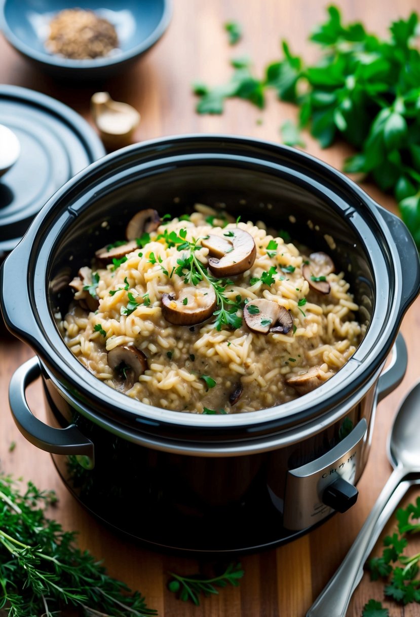 A crock pot filled with creamy mushroom risotto bubbling and steaming, surrounded by fresh herbs and spices