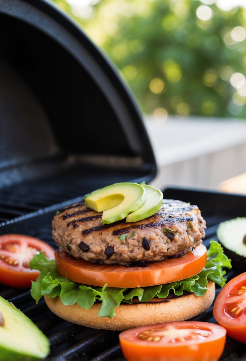 A sizzling black bean burger on a grill, surrounded by fresh ingredients like lettuce, tomato, and avocado