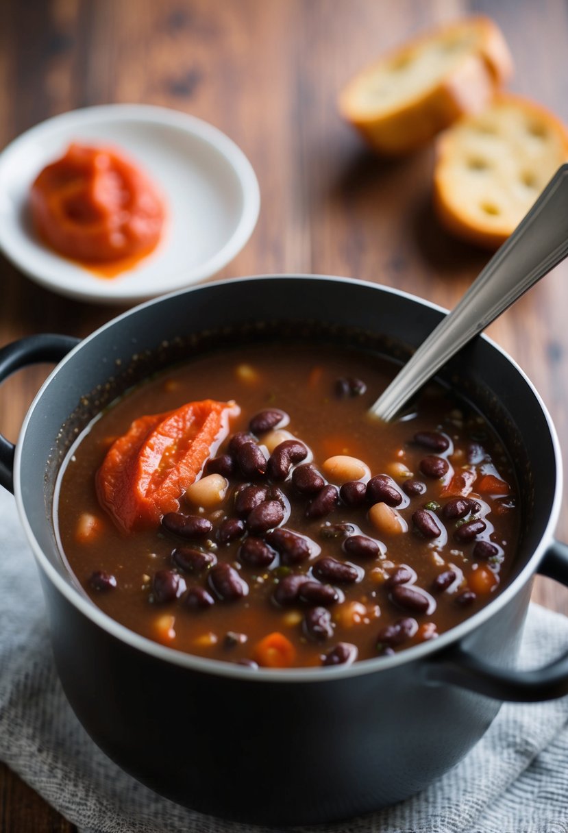 A simmering pot of black bean soup with a dollop of tomato paste