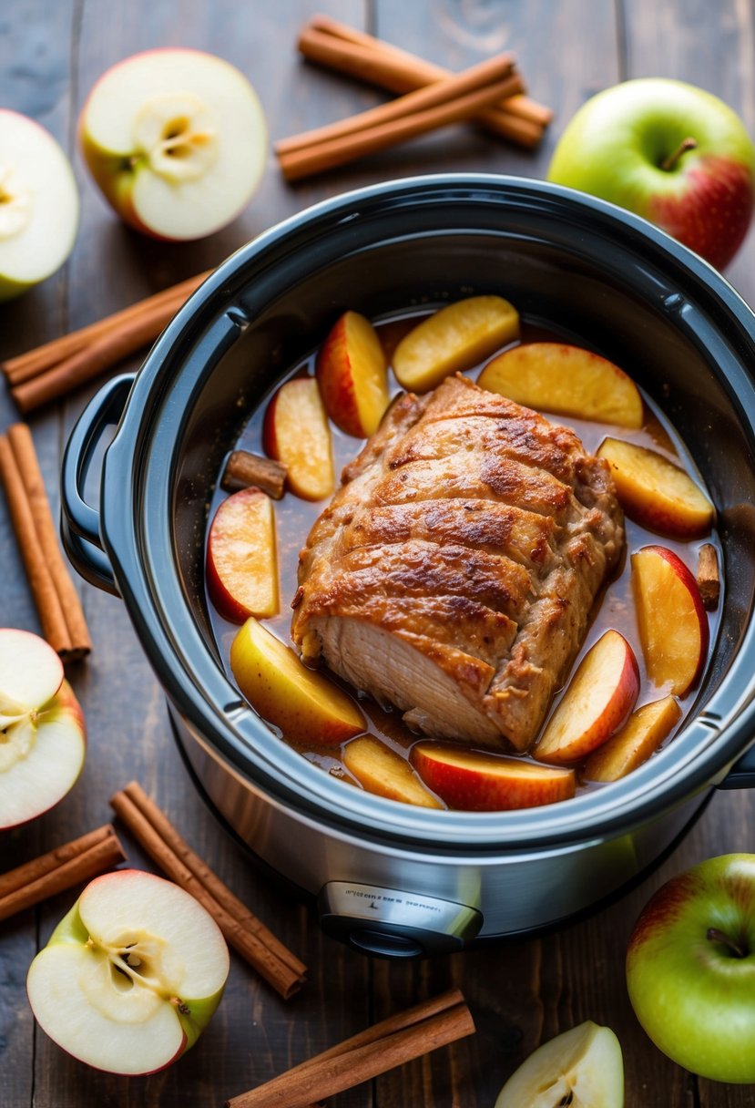 A crock pot filled with spiced apple pork loin surrounded by cinnamon sticks and apple slices