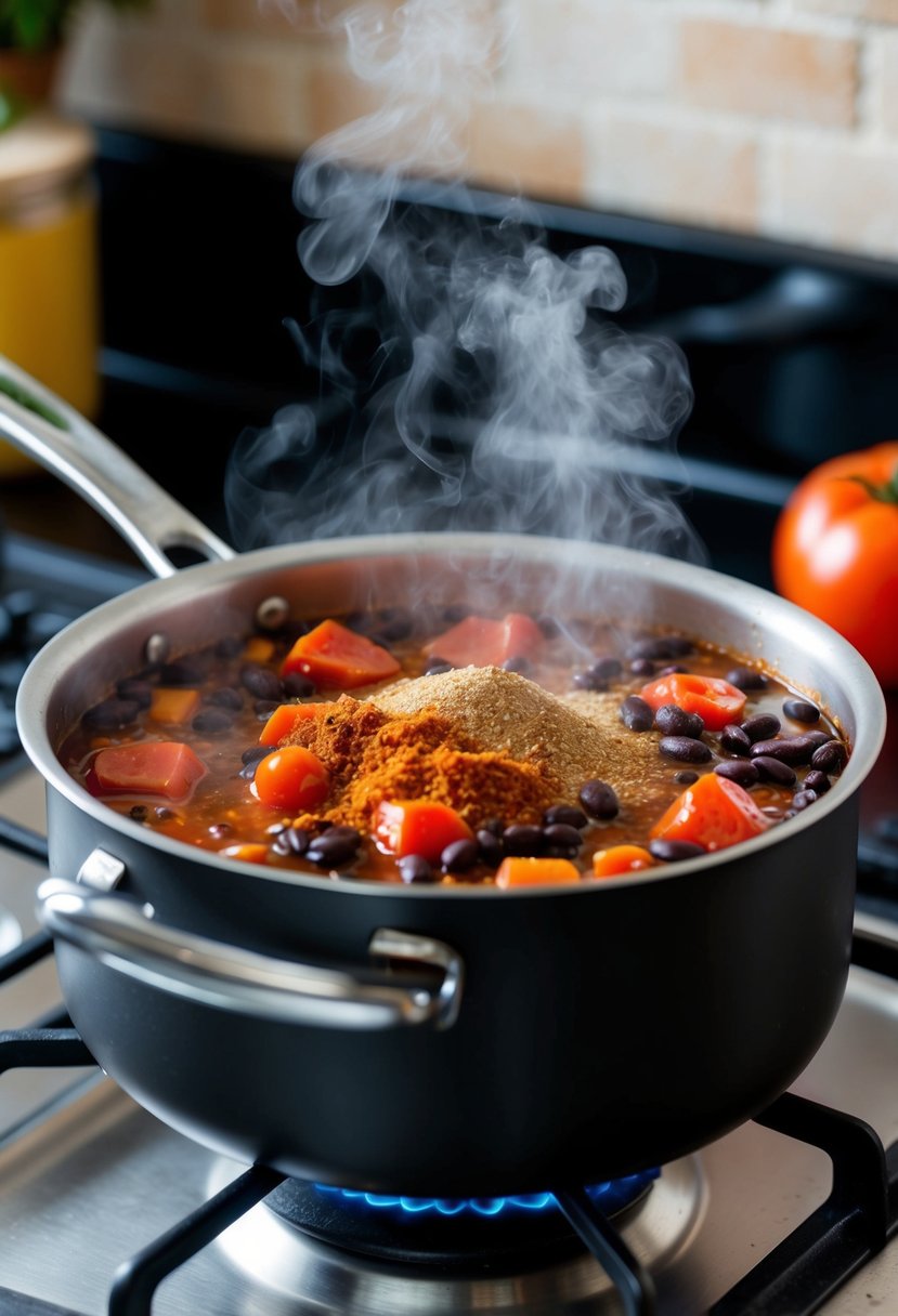 A pot simmering with black beans, tomatoes, and spices on a stovetop. Steam rises and the aroma of cumin and chili fills the kitchen