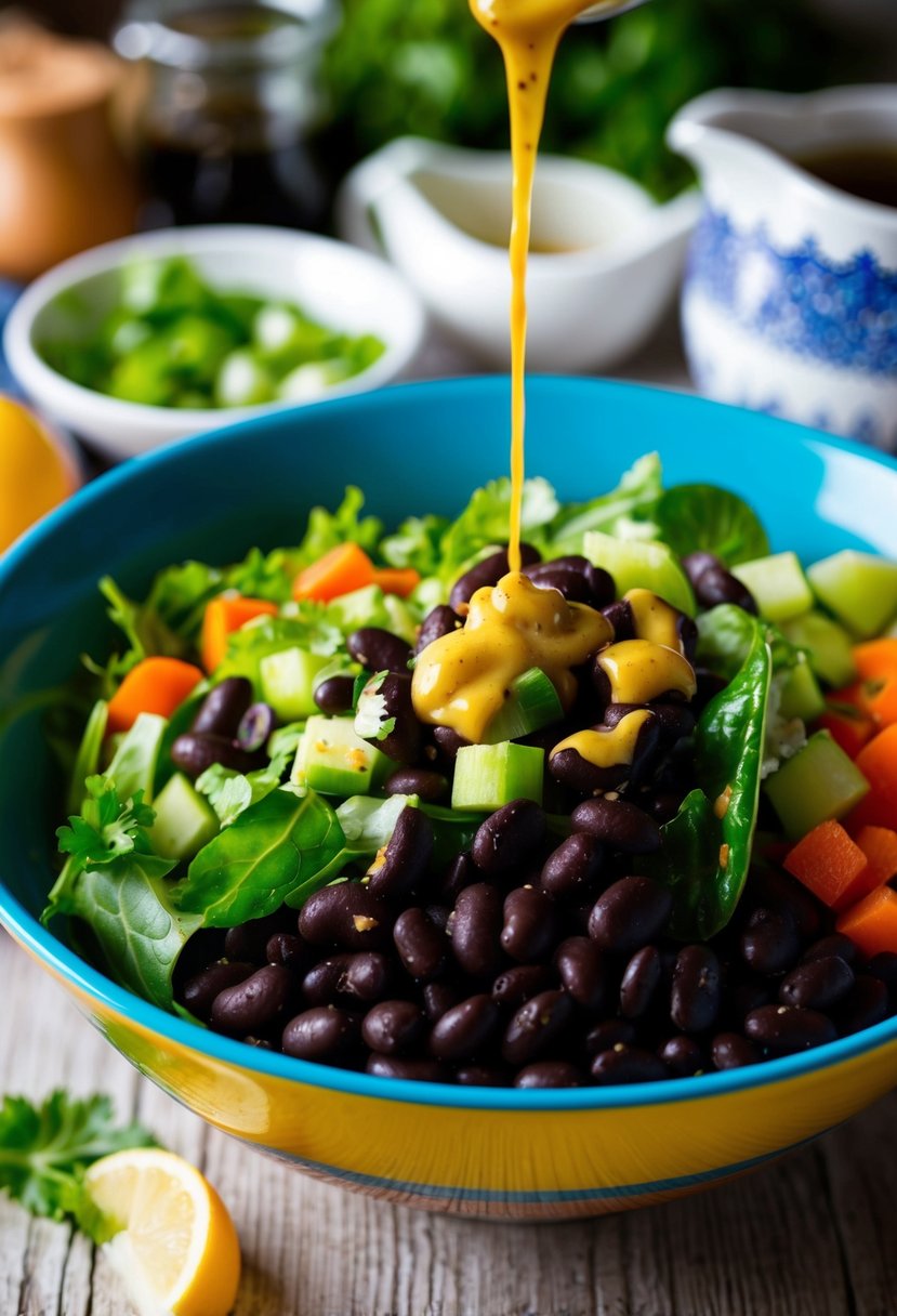 A colorful bowl filled with black beans, green salad, and assorted vegetables, topped with a drizzle of dressing