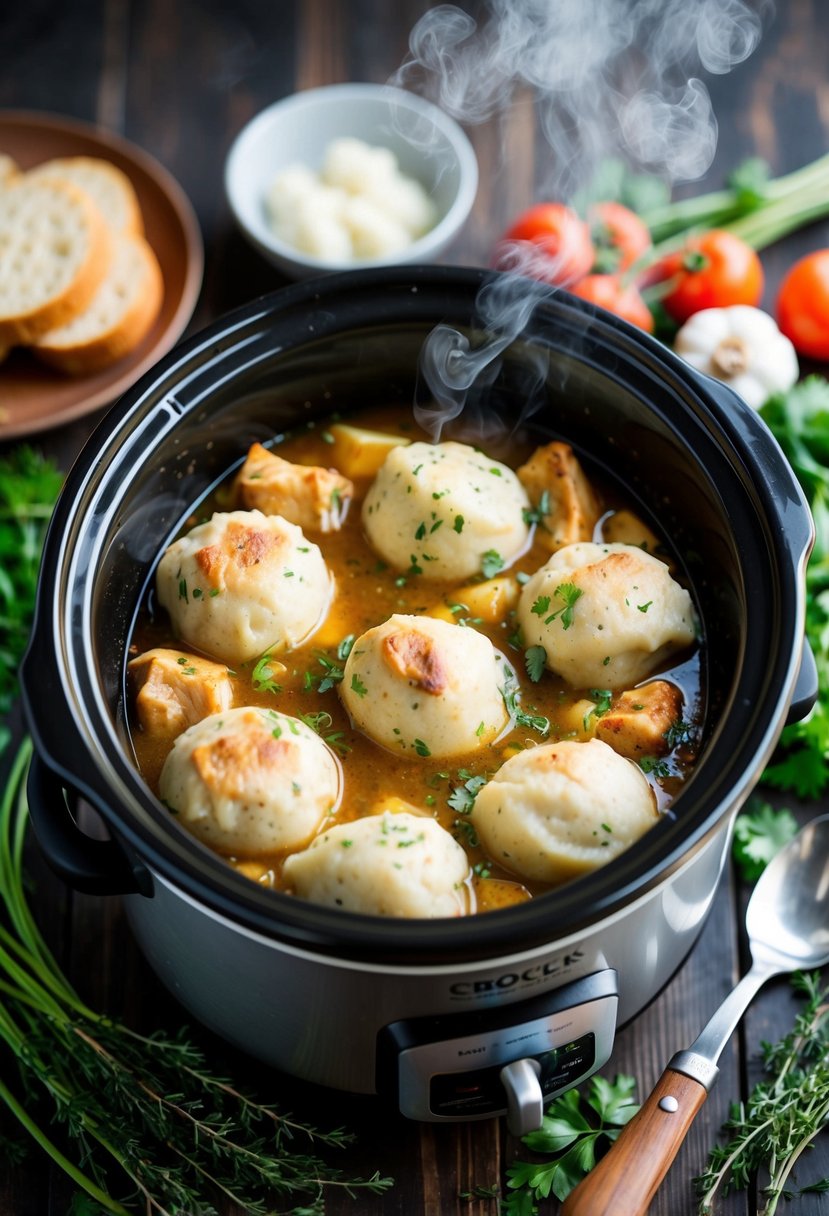 A crock pot filled with bubbling chicken and dumplings, steam rising, surrounded by fresh herbs and vegetables