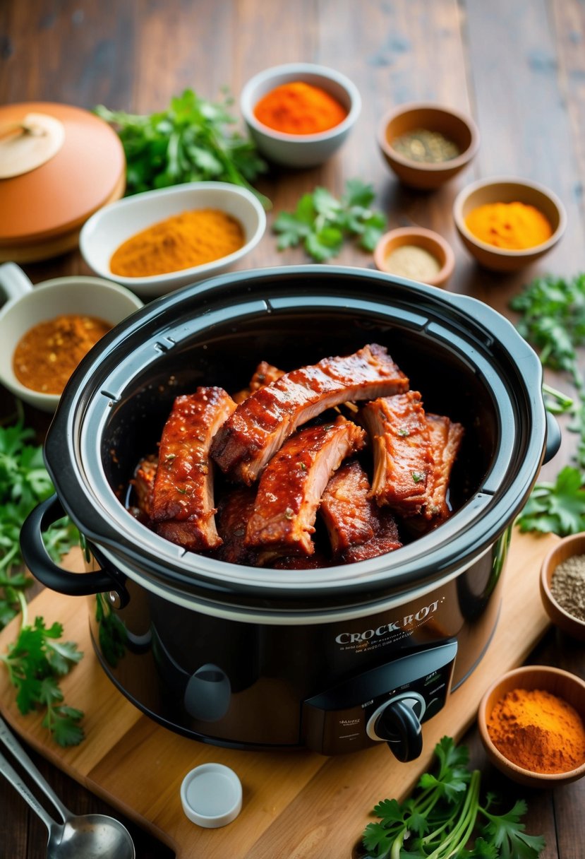 A crock pot filled with succulent BBQ ribs, surrounded by vibrant spices and fresh herbs