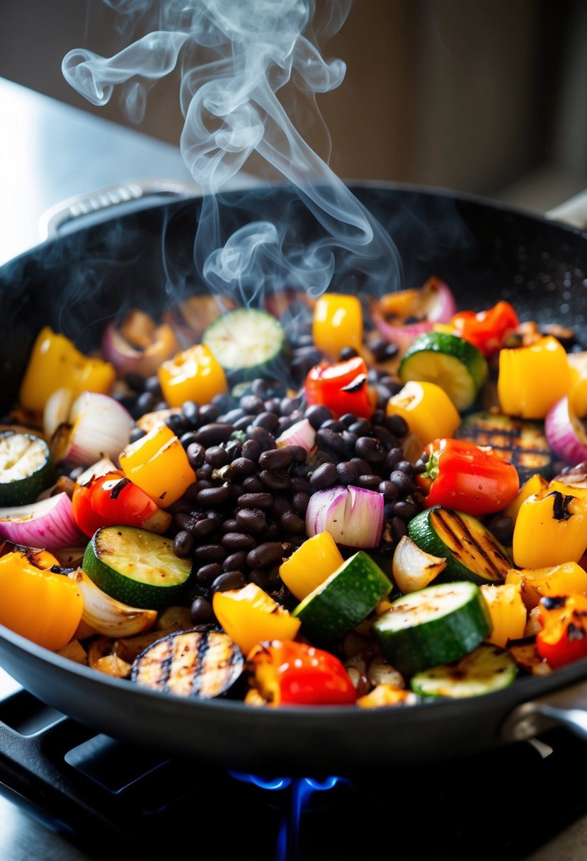 A sizzling skillet of grilled vegetables and black beans, with colorful bell peppers, onions, and zucchini steaming and releasing their mouthwatering aroma