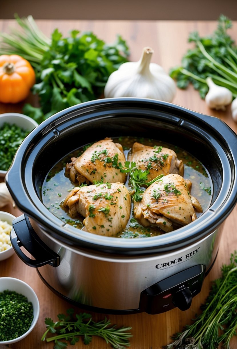 A crock pot filled with garlic herb chicken surrounded by fresh herbs and vegetables