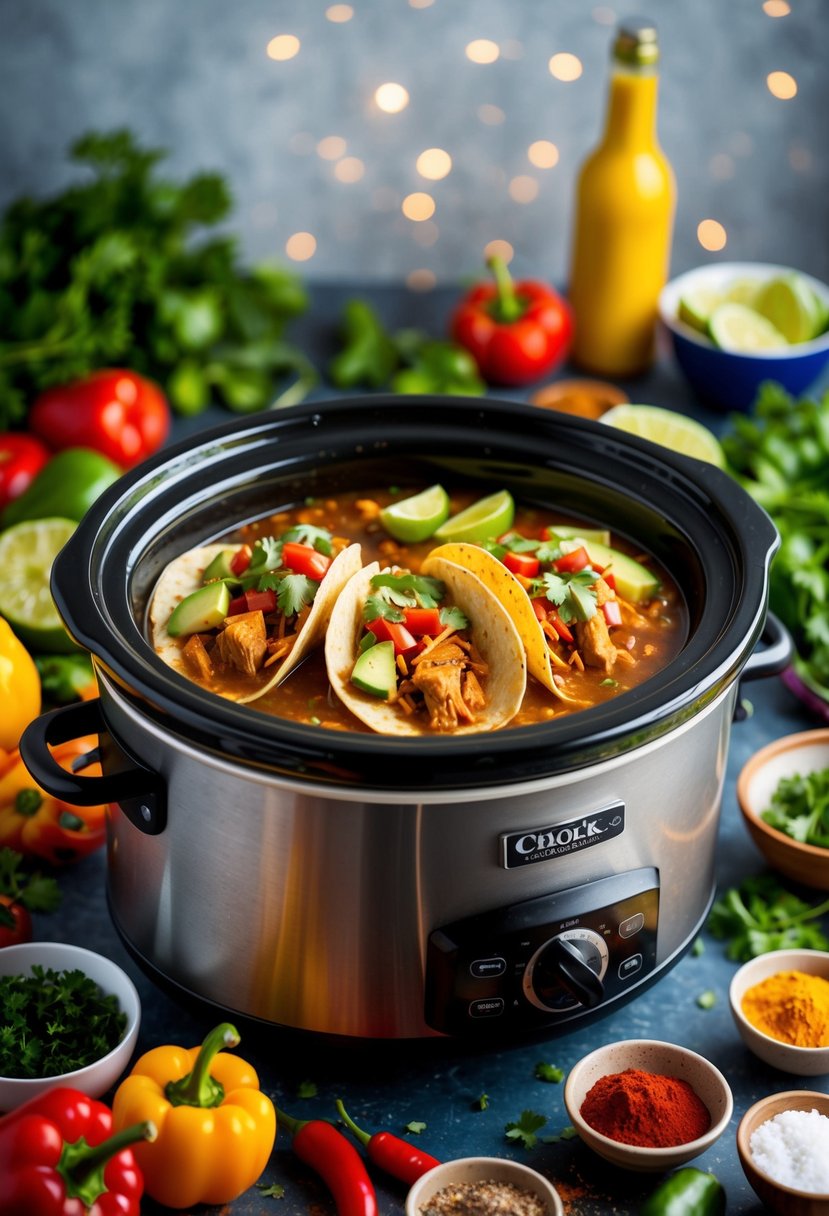 A bubbling crock pot filled with Mexican chicken taco ingredients, surrounded by colorful spices and fresh vegetables