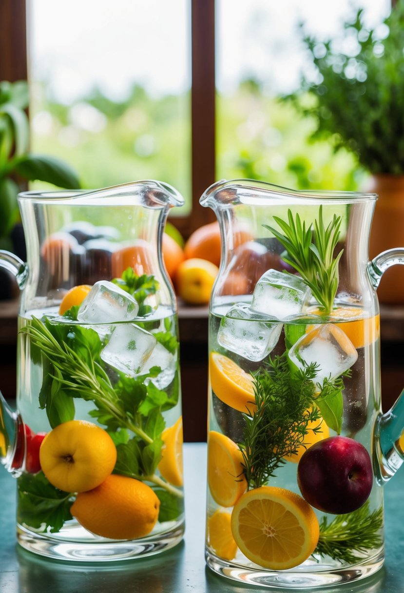 Fresh fruits and herbs floating in water pitchers with ice cubes